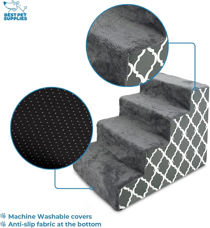 Best Pet Supplies Foam Pet Steps Cover for Small Dogs and Cats, Portable Ramp Stairs for Couch, Sofa, and High Bed Climbing (Cover Only) - Gray Lattice, 4-Step (H: 18") (Cover Only)