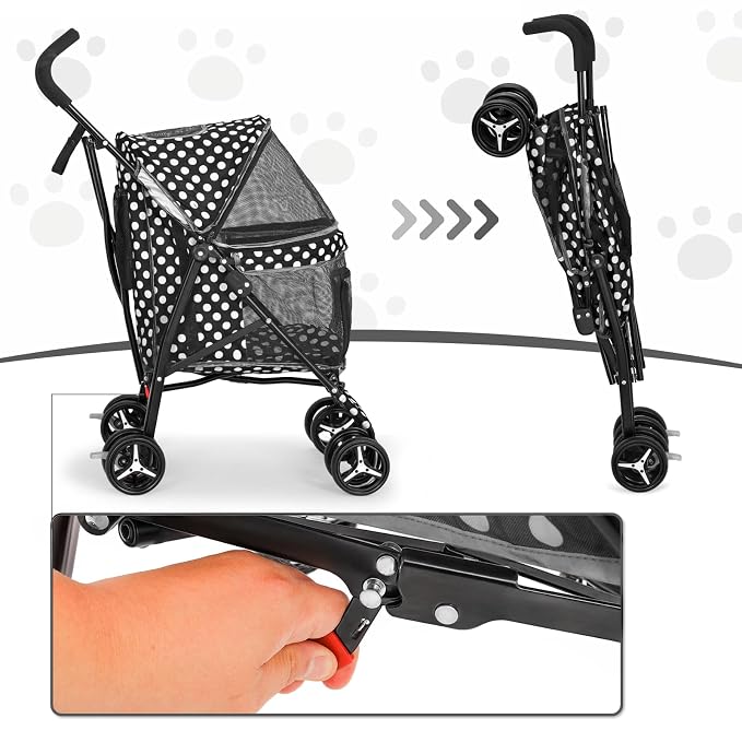 MoNiBloom 4-Wheel Foldable Pet Stroller - Black Polka Dots
