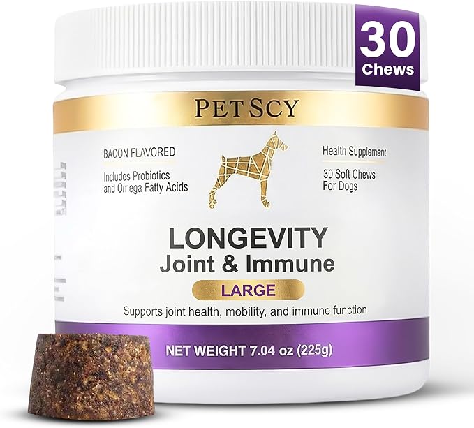Petscy Longevity Hip & Joint + Immune Support for Dogs - Large (7.5g Chew) - High Dose Glucosamine, MSM, Chondroitin, Green Lipped Mussel, Omega 3, Probiotics - 30 Chews (Large Dogs)