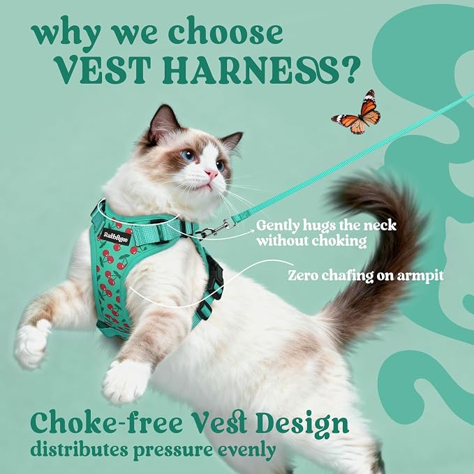 rabbitgoo Cat Harness and Leash Set, Escape Proof Vest, Cherry Grove | Soft Breathable Mesh, Easy Adjustable Fit, Snap Buckles, Sturdy Clip, Reflective Strips, for Average Cats Walks, S