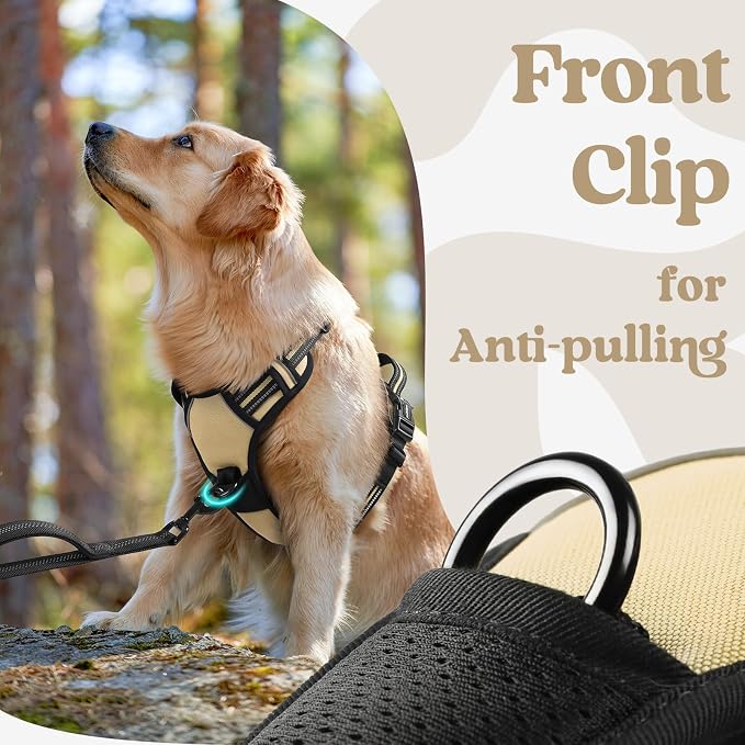 rabbitgoo Dog Harness for Large, Updated Easy On & Off with 3 Buckles | No Pull No Choke, Walking with 2 Clips and Handle, Adjustable Soft Reflective, Beige, X-large