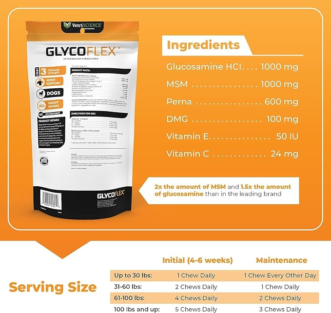 VetriScience Glycoflex 3 Clinically Proven Hip and Joint Supplement for Dogs, 120 Chews & Canine Plus MultiVitamin for Senior Dogs, 60 Chews