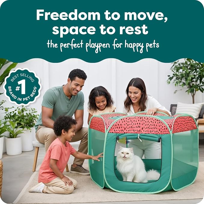 FurHaven Soft-Sided Dog & Cat Playpen, Portable Foldable Indoor & Outdoor Pet Playpen with Mesh Windows & Zippered Door, Green & Pink, Large