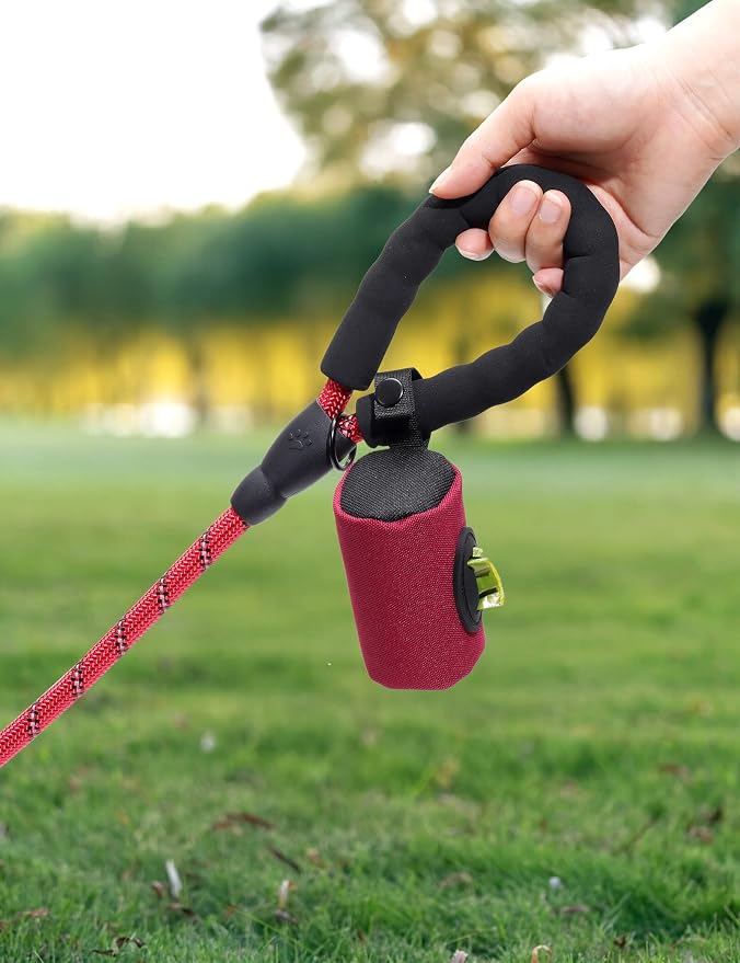 Gobeigo【Easy Pull-Out Version】 Dog Poop Bag Holder,【2-in-1 Hard Plastic Insert & Soft Fabric Bag】Snap-On Strap Dispenser Fits Retractable and Standard Leashes with 1 Roll Bags (Red)