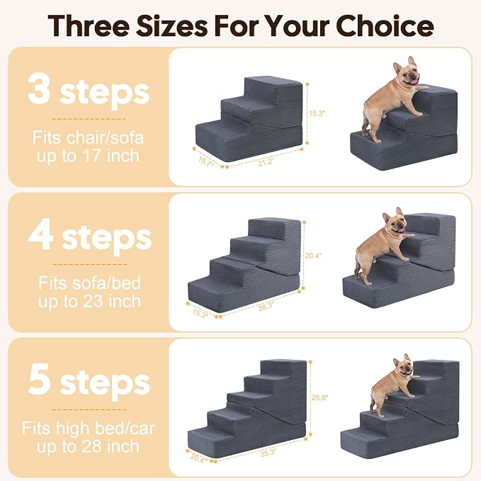 Dog Ramp for Bed Couch, 25.6" H Dog Stairs for Small Dogs, 2 in 1 Transformable 5-Step Pet Steps for Bed, Foldable Cats Ramp to Get on Bed, Non-Slip Balanced, Grey