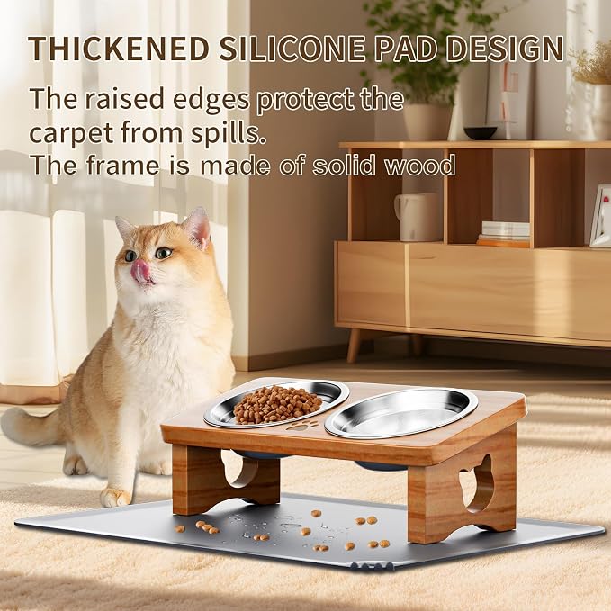 Elevated Cat Bowls with Silicone Mat, 15° Tilted Solid Wood Stand, Raised Stainless Steel Food & Water Dishes for Cats and Small Dogs, Anti-Vomiting Design(Teak)