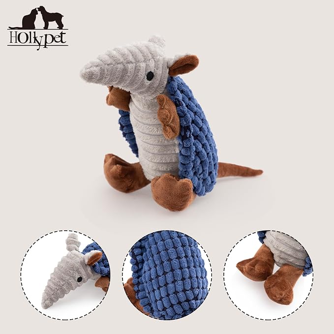 Hollypet Armadillo Squeaky Puppy Dog Toys for Small Medium Dogs, 8" | plush stuffed small dog squeak animal toy with unique grunt squeaker textured fabric for teeth cleaning toys