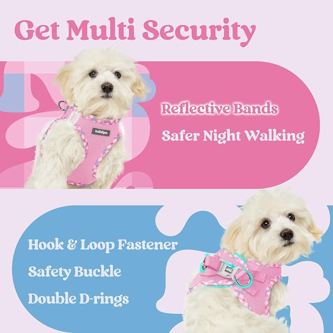 rabbitgoo Step-in Small Dog Harness, Puppy Vest for Small Sized Pet | Easy Put on and off, Lightweight, Soft, Breathable Quick-Dry Air Mesh for Comfortable Secure Walking, Pink & Plaid Trim S