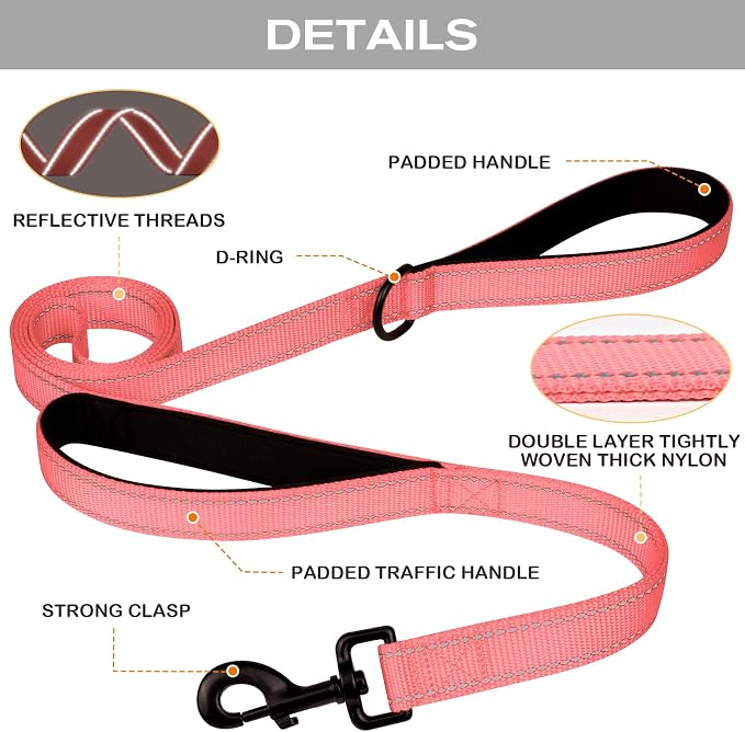 Joytale Dog Leash for Large Dogs that Pull, Double Handle, 6FT, Neon Pink | Traffic Handle for Control, Padded Handle Reduces Hand Strain, Reflective Stitching for Night Safety, Strong Nylon Webbing