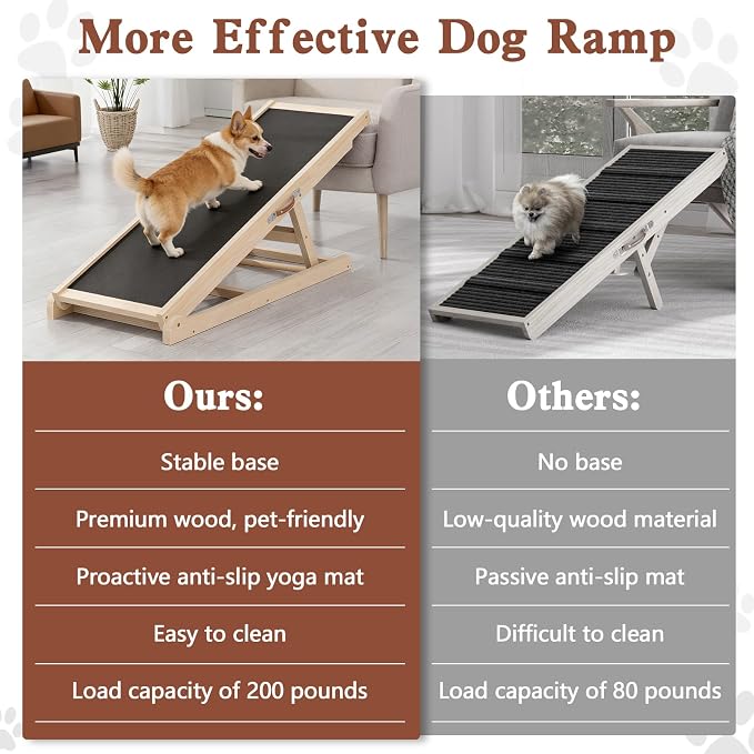 Dog Ramp for Couch, Bed, Car, Adjustable Pet Ramps 6 Height from 18" to 23.6" Wooden Dog Step with Anti-Slip Yoga Mat & Sturdy Build for Small Medium Older Pets, Supports up to 200lbs