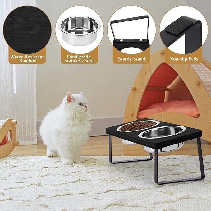 Elevated Cat Bowls for Food and Water - Loplurea 15° Tilted Raised Stainless Steel Cat Food Bowl with Black Bamboo Stand and Anti Vomit Feeding Station for Indoor Kittens and Pet
