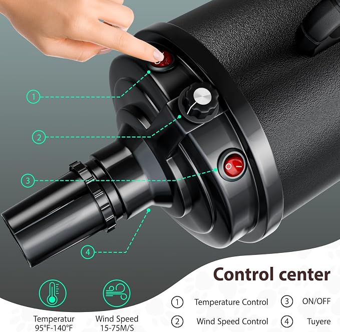 Dog Hair Dryer, High Velocity Pet Blower Grooming Dryer, Black | Dog Blow Dryer, 3800W/5.2HP for Large Dogs, Stepless Adjustable Speed, 4 Different Nozzles, Dog Brush Included