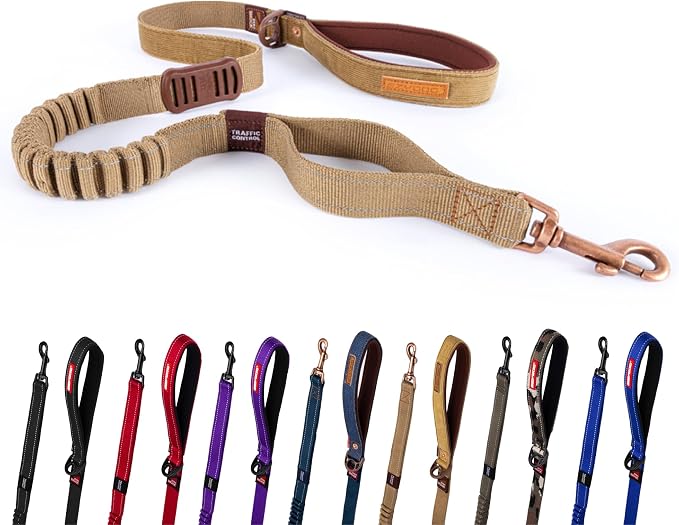 EzyDog Zero Shock - Bungee Dog Leash, Shock Absorbing - 48-Inch, Corduroy | Padded Neoprene Grip, Traffic Handle, Reflective Stitching, Strong for All Size Pullers, 1" Soft Touch Webbing for Durability