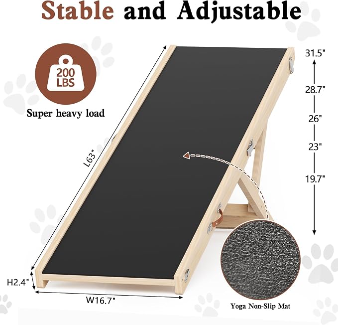 Dog Ramp for High Bed, Couch, Car, 64" Long Foldable Pet Ramp & 5 Adjustable Heights 19.7"-31.5" Wooden Dog Step with Anti-Slip Yoga Mat for Small Medium Large Older Pets, up to 200lbs
