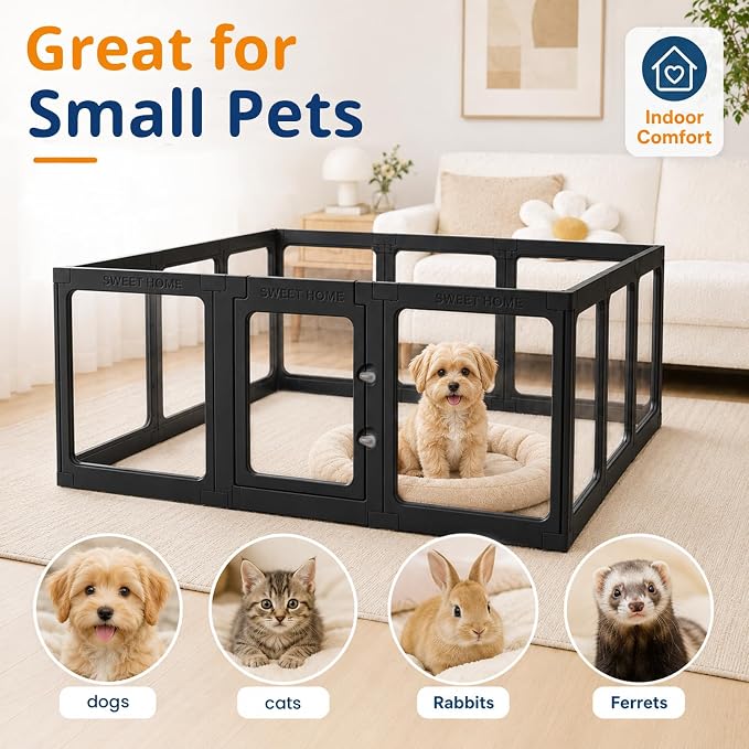 Acrylic Dog Playpen with Toilet, Clear Puppy Play Pen Indoor Puppy Play Pen Tool-Free Assembly Detachable Pet Fence Kennel for Small Dog, Cat, Rabbit (24 Inch, 12 Panels, Black)