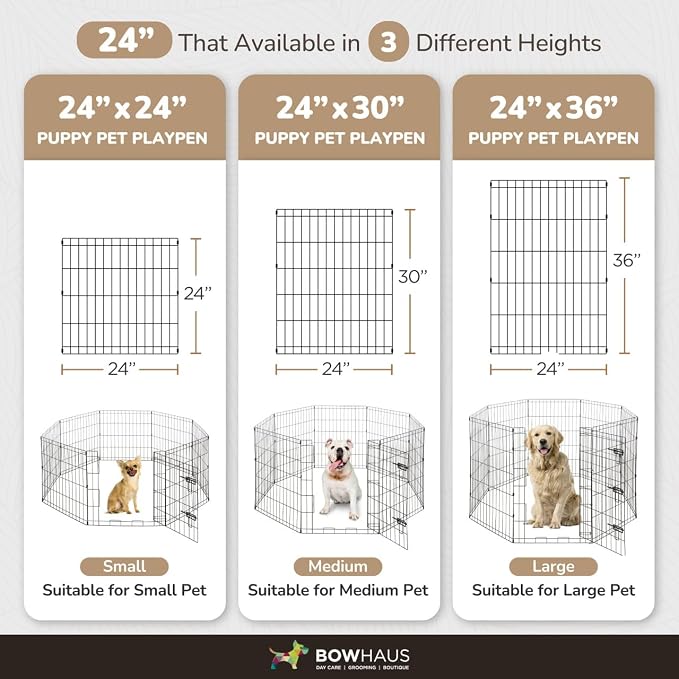 BOWHAUS Foldable Outdoor/Indoor Pet Playpen with Gate, Available in 24 Inch Height Metal Portable Kennel, Heavy-Duty Exercise Fence Cage 8 Panels for Small Dog, Animals