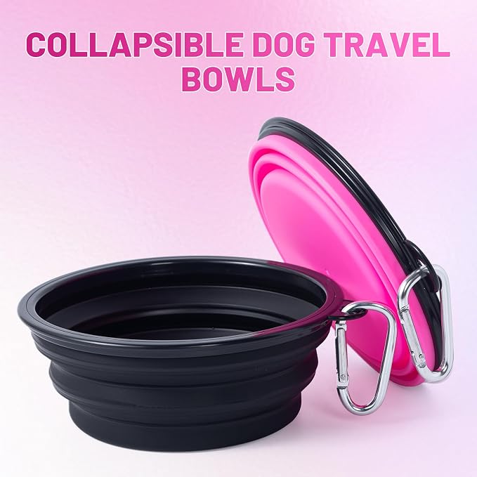Dog Bowl Collapsible, 2 Pack, with Carabiners, Medium, Black+Pink