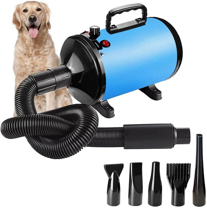 Dog Hair Dryer for Pet Grooming, High-Velocity Blow Dryer, Adjustable Speed and Temperature, Noise Reduction, 5 Nozzles for Efficient Drying