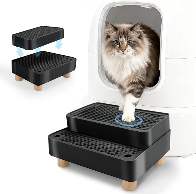 Elevated Cat Ramp for Litter Box, 2 Steps Cat Pedal Step Stool with Wooden Base, Detachable Double Layered Cats Litter Trapper, Suitable for Small&Elderly Cats, Non-Slip(Black)