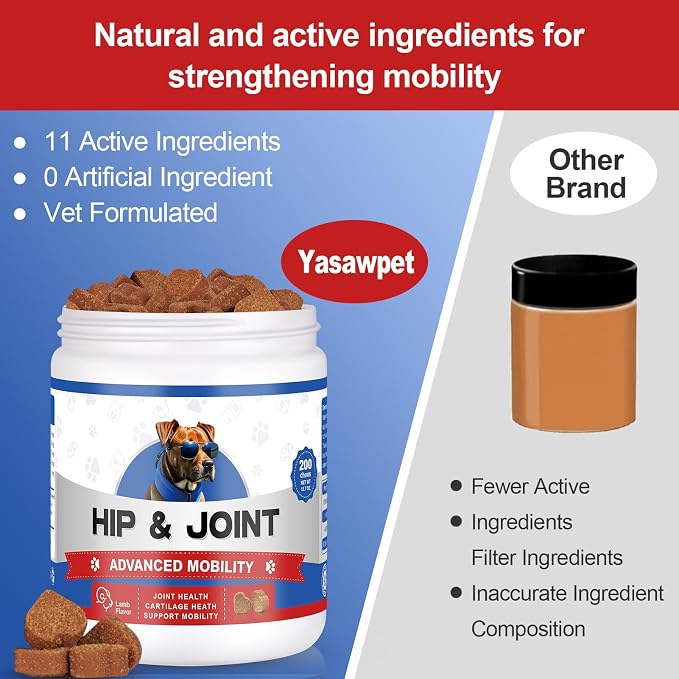 Hip & Joint Supplement Chews for Dogs – 200 Lamb Flavored Soft Chews with Glucosamine, MSM, Green Lipped Mussel, Turmeric, Collagen & Cod Liver Oil – Mobility Support for All Breeds & Ages