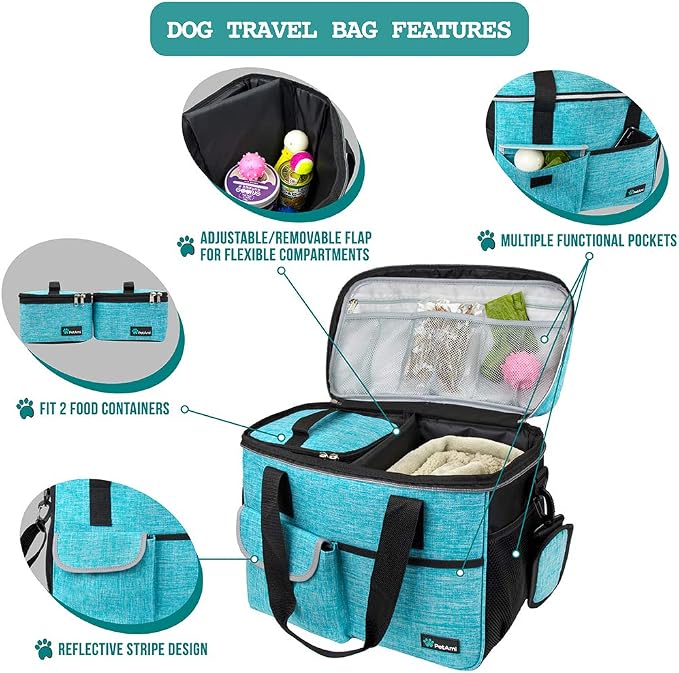 PetAmi Dog Travel Bag Organizer with Food Container & Bowls, Sea Blue, Medium
