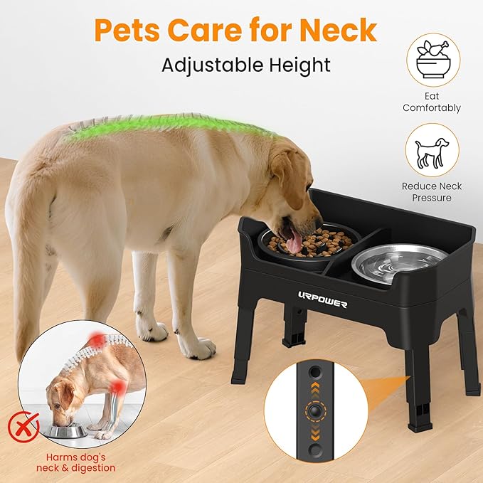 URPOWER 3-in-1 Elevated Dog Bowls - Mess Proof Double Deck 4 Height Adjustable Raised Stand with Stainless Steel Bowl & Slow Feeder & Licking Plate for Small, Medium & Large Dogs