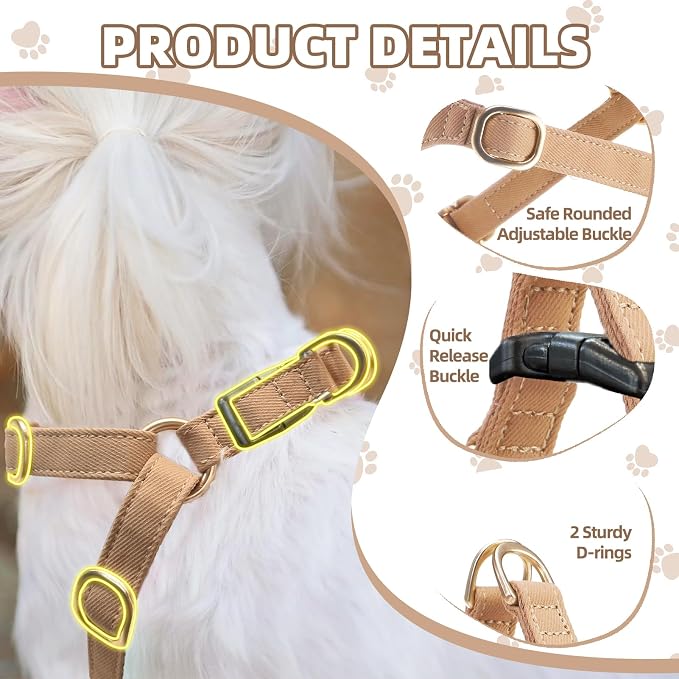 PUPTECK Dog Harness and Leash Set Small Sized, Lightweight Step-in Puppy Harness, Escape Proof No Pull Cute Pet Vest Harnesses, Khaki XS
