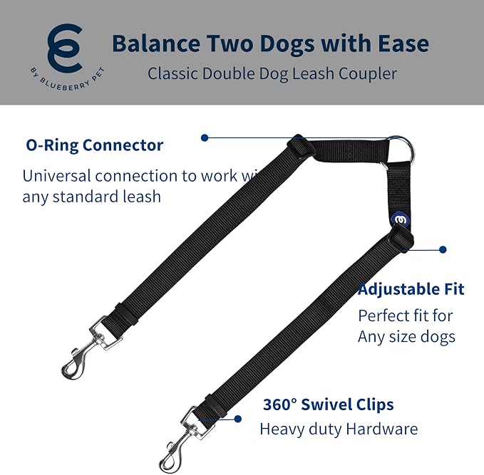 Blueberry Pet Essentials Durable Classic Double Dog Leash Coupler, Black, Medium/Large, Dual Walking & Training Leashes for Two Dogs