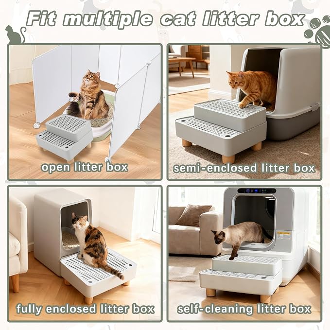Elevated Cat Ramp for Litter Box, 2 Steps Cat Pedal Step Stool with Wooden Base, Detachable Double Layered Cats Litter Trapper, Suitable for Small&Elderly Cats, Non-Slip(Grey)