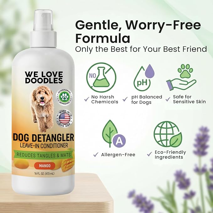 Dog Detangler Spray, Leave-in Conditioner Spray for Dogs, Mango, USA, 16 OZ | Best Detangling & Dematting Spray for Dogs, Tangled & Matted Hair Remover for Goldendoodles, Doodles & Poodles, Made in USA
