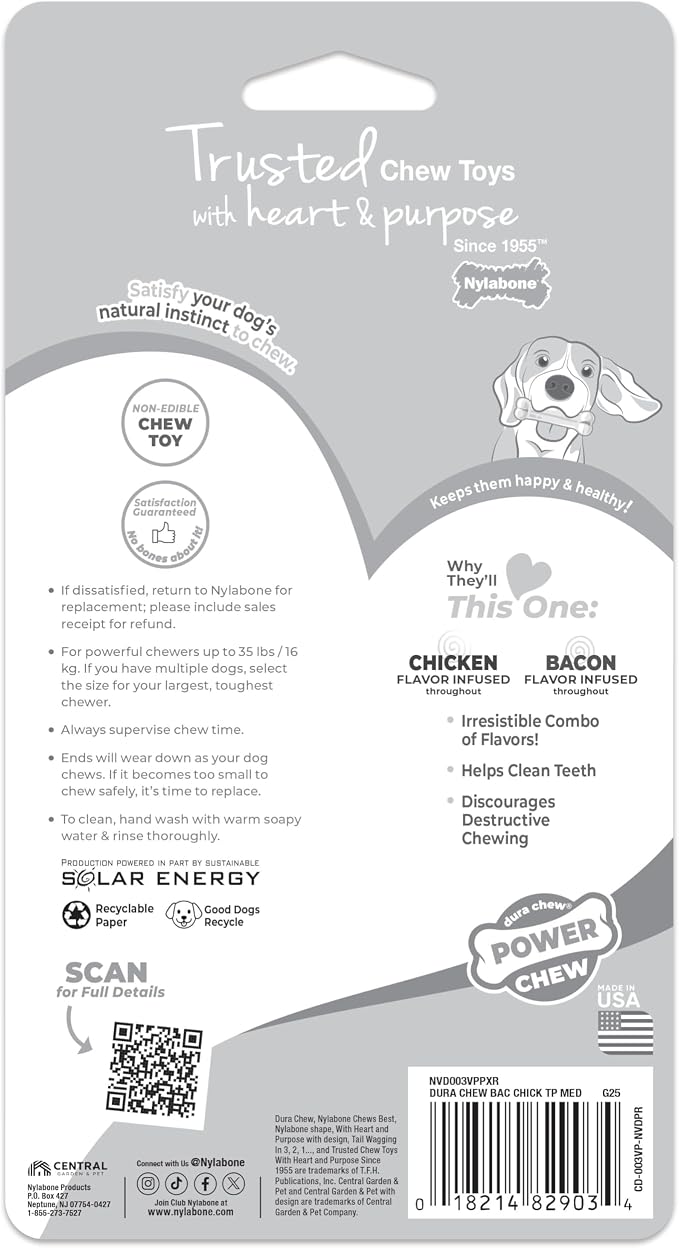 Nylabone Power Chew Original Bone Dog Chew Toys, Medium, 2 Count | Chicken and bacon flavor, durable chew toys, discourages destructive chewing, long lasting, for dogs up to 35 pounds