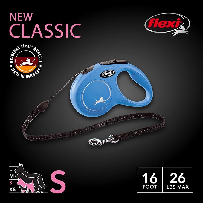 FLEXI® Classic Cord Retractable Dog Leash, Small, 16 ft - Blue | German engineered, original flexi leash, durable quality for dogs up to 26 lbs, tangle-free, walking, reliable brake system