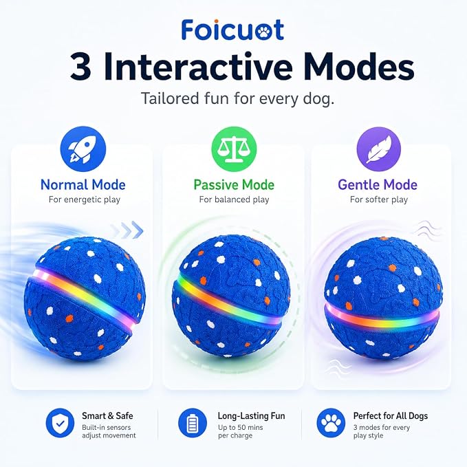 Interactive Dog Ball Toy, 3 Modes, LED, Sound & Vibration, USB-C | Durable E-TPU, Colorful LED Lights, Sound & Vibration, 50-Min USB-C Charging, Up to 3.5H Playtime, IP7 Water Resistance