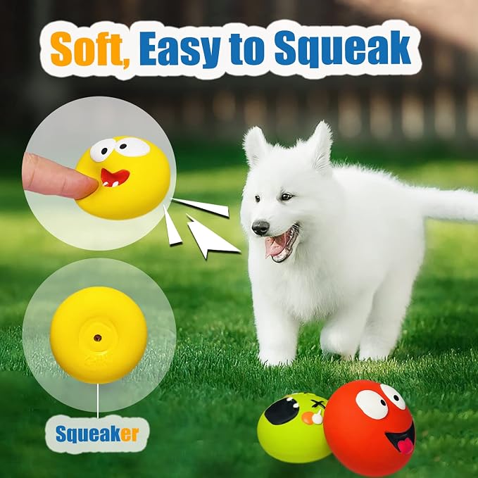 HOLYSTEED Latex Squeaky Dog Toy for Small Dogs, Mini Breeds, 2.2" Flat Ball | 2.2"*2.2"*1.38", 6pcs Flat Dog Squeaky Balls, Smile Face Rubber Puppy Toys, Interactive Pet Toy with Squeaker Indoor, Outdoor