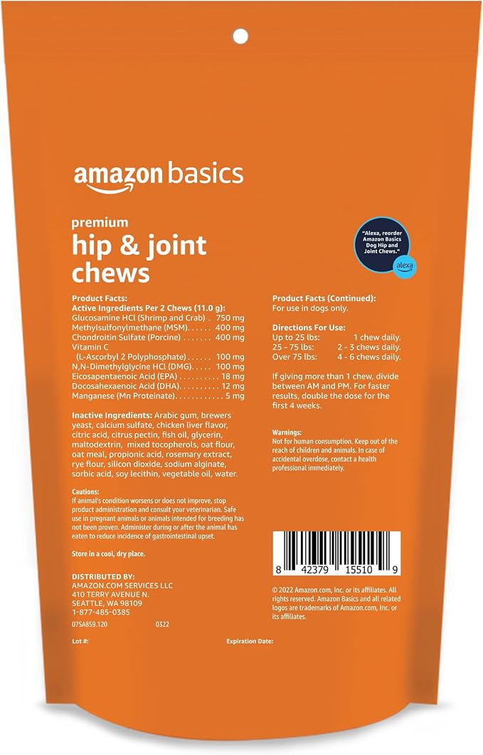 Amazon Basics Premium Dog Hip & Joint Supplement Chews with EPA and DHA, 120 Count (Previously Solimo)
