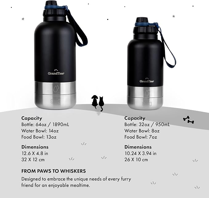 GrandTies Insulated Portable Dog Water Bottle with 2 Detachable Bowls, 32oz, Matte Black