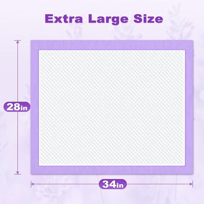MIZOK Puppy Pads 28x34in Lavender Scented, Dog Pee Pads Extra Large Odor Eliminating Ultra Absorbent Up to 8 Cups, 6 Layers Leak-Proof & Quick-Dry Purple (40 Counts)