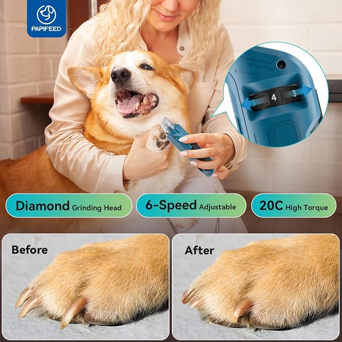 PAPIFFEED 6-Speed Pet Nail Grinder with Dual LED, Blue