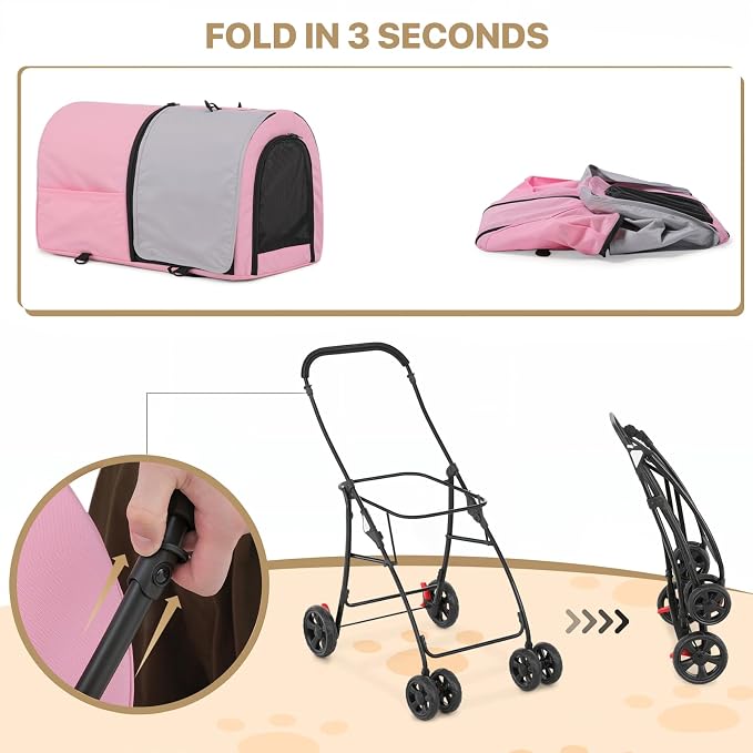 MoNiBloom 4-Wheel Double Dog Stroller - Pink/Gray, Detachable Carriers