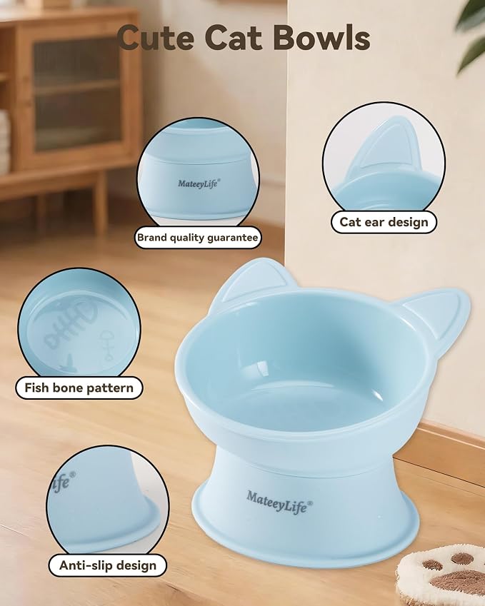 MateeyLife Elevated Cat Bowls, 2P Raised Food and Water Bowl Set for Indoor Cats & Small Dogs, Whisker Fatigue Cat Bowl, Anti Vomit Feeding Pet Bowls, 6 oz Each, Dishwasher Safe - Blue & Yellow