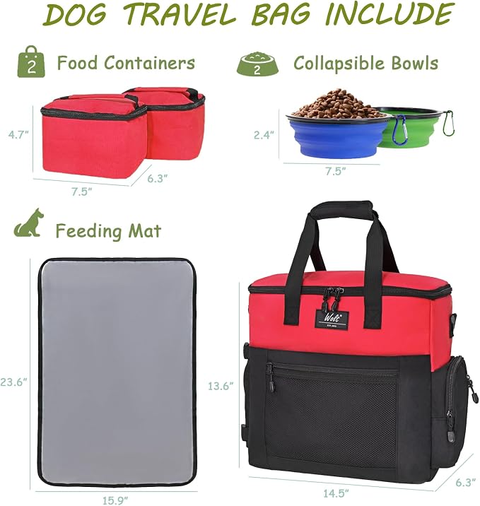 WOLT Dog Travel Bag with Bowls, Food Containers & Place Mat, Red