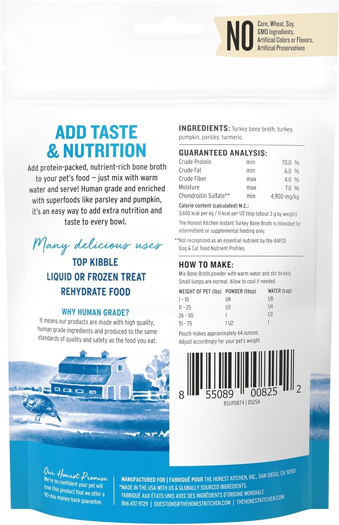 The Honest Kitchen Human Grade Daily Boosters: Instant Turkey Bone Broth With Turmeric, 3.6 Oz