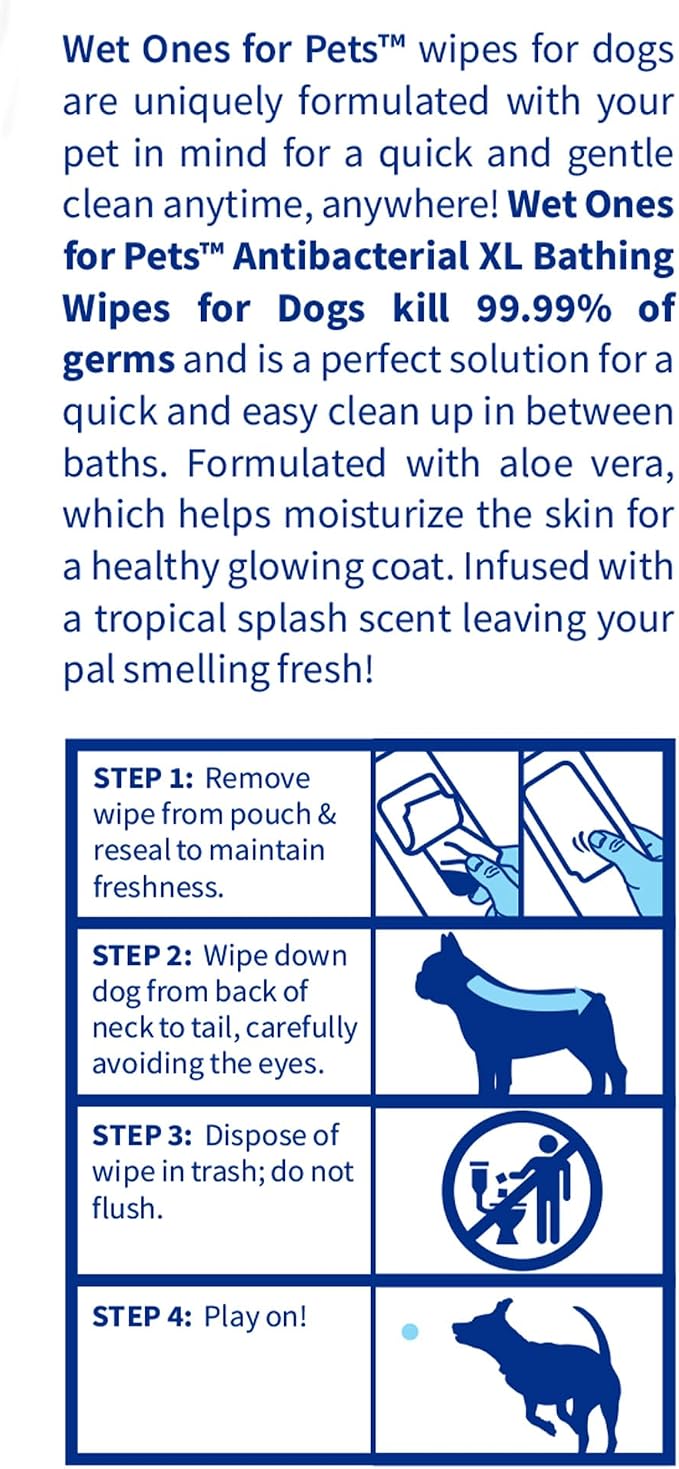 Wet Ones for Pets Multipurpose Dog Wipes with Aloe Vera, Tropical Splash Scent - Extra Large Pet Bathing Wipes with Wet Lock Seal for Paws and All-Over Use, 10 Count