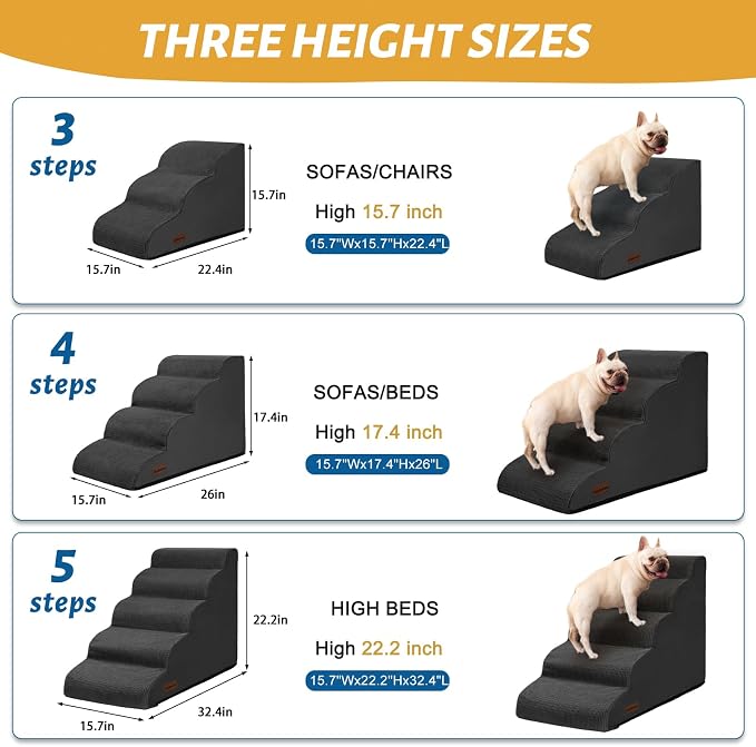 Aodisman 3-Step Dog Ramp and Stairs for Sofa and Chair - Non-Slip Sturdy Pet Steps for Small Dogs and Cats,15.7" H,Black