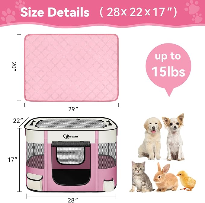 Dog & Cat Playpen with Carrying Case, Small, Pink with Pad