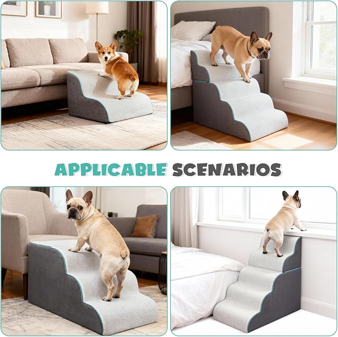Dog Stairs for High Bed, 27.9 Inch Height 5-Step,Foldable Pet Stairs for Small Dogs and Older Pets,Curved 2 in 1 with Zippers Non-Slip Balanced Pet Ramp,Grey