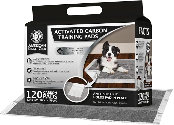 American Kennel Club Charcoal Puppy Training Pads, with Anti-Slip Adhesive Backing, Quick Dry Gel and Activated Carbon Odor Control (Charcoal, 22 x 22 - 120 Count)
