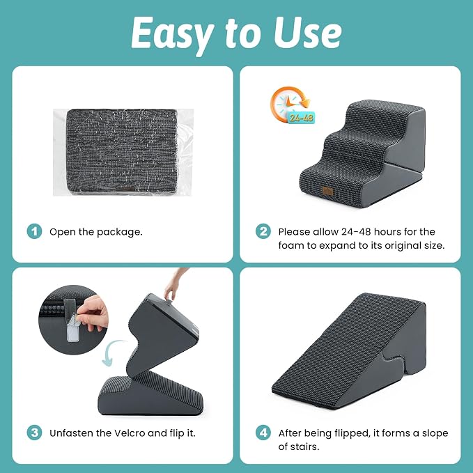 COZY KISS Dog Stairs for Small Dogs, 3-Step 2-in-1 Dog Steps,15.7" H | 3-step dog stairs and ramps for Old Cats, Puppy, Small Dogs,Non-Slip Base,for Couch & Bed, Dark Grey