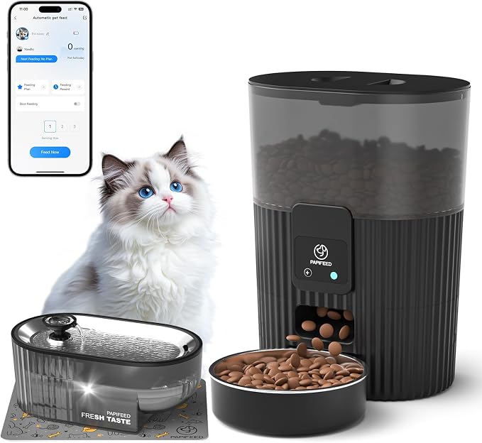 PAPIFEED 2-in-1 Cat Water Fountain and Feeder Combo, Stainless Steel 2.5L Quiet LED Pet Water Fountain (Filter Included) & 3L WiFi App-Controlled Timed Automatic Pet Feeder, for Indoor Multi-Cats Dogs