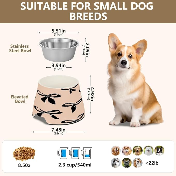 Blueangle Elevated Dog Bowls with Stainless Steel - Non-Slip 2.3 Cup High Capacity Pet Dish for Spinal Health & Black Bow Design（379）